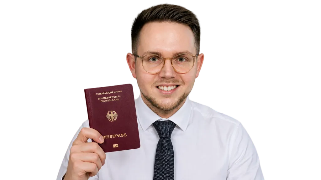 Rechtsanwalt Jakub L. Szypulka lächelt und hält einen deutschen Reisepass