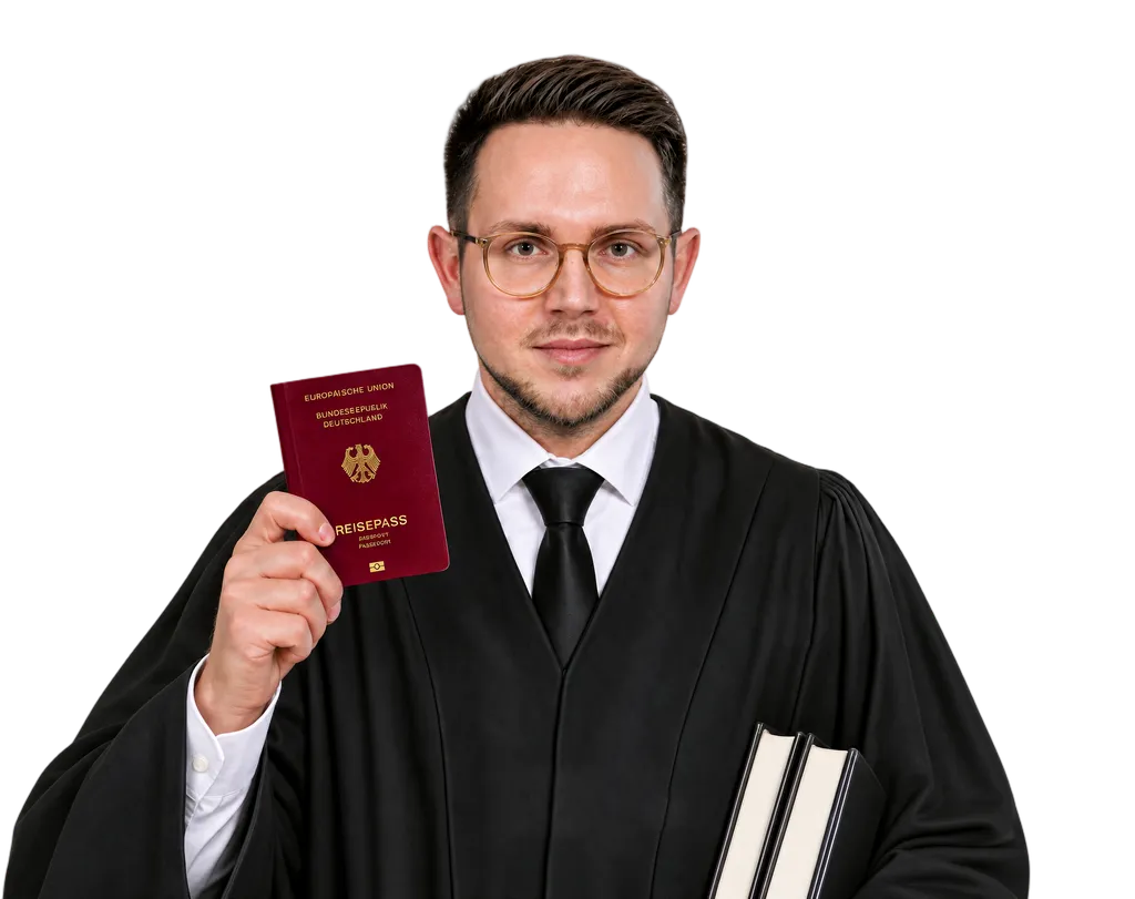 Rechtsanwalt Jakub L. Szypulka lächelt und hält einen deutschen Reisepass