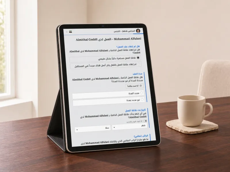 جهاز لوحي على طاولة خشبية يعرض النسخة العربية من استبيان التجنّس الخاص بنا