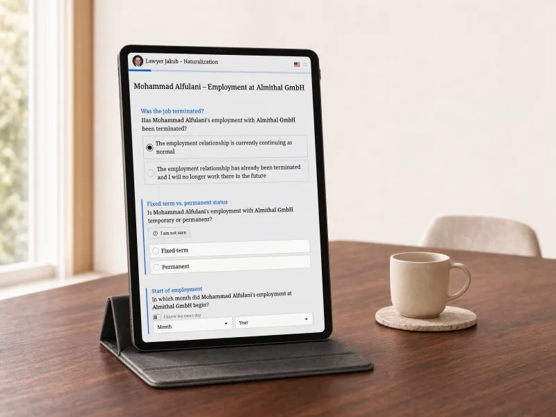 Tablet on a wooden table displaying the English version of our citizenship questionnaire